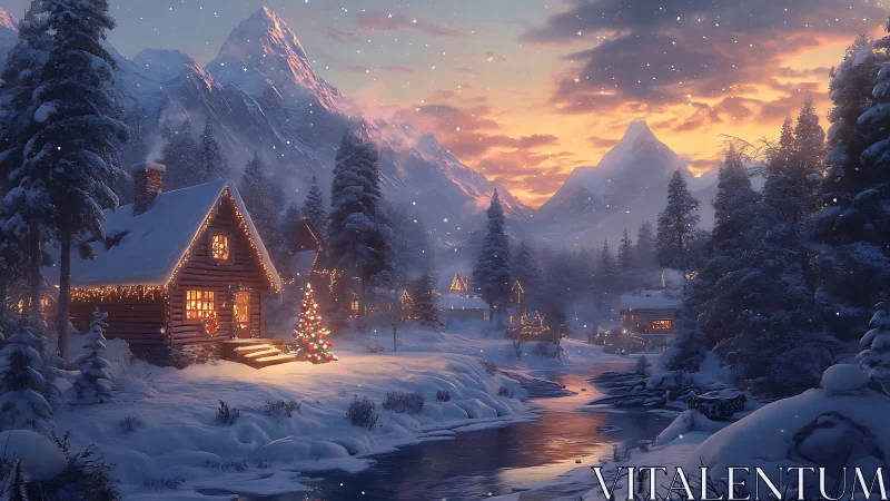 Snowy mountain village glows under warm Christmas twilight