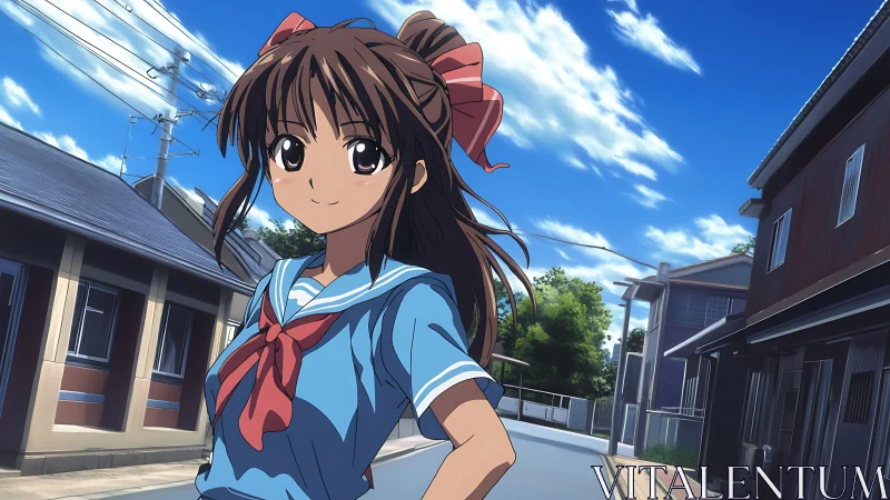 Cheerful anime schoolgirl in sunlight on quiet suburban street.