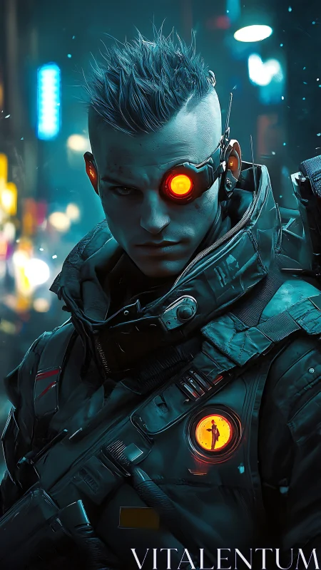 Cybernetic assassin stalks neon streets in cold blue night.