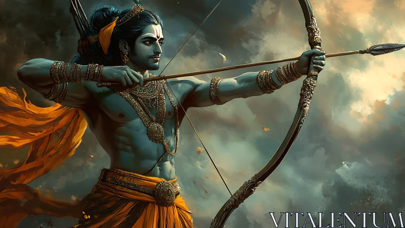 Blue-skinned archer drawing ornate bow against clouded sky.