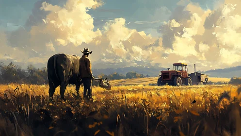 Digital painting of rural farmer, ox and tractor under vast sky.