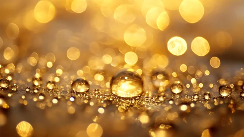 Golden water droplets in warm abstract macro bokeh field.