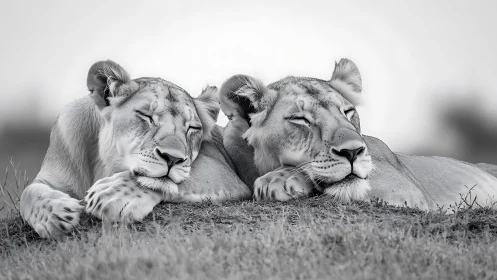 Two Female Lions Resting in Grassland: Grayscale Wildlife Portrait Study