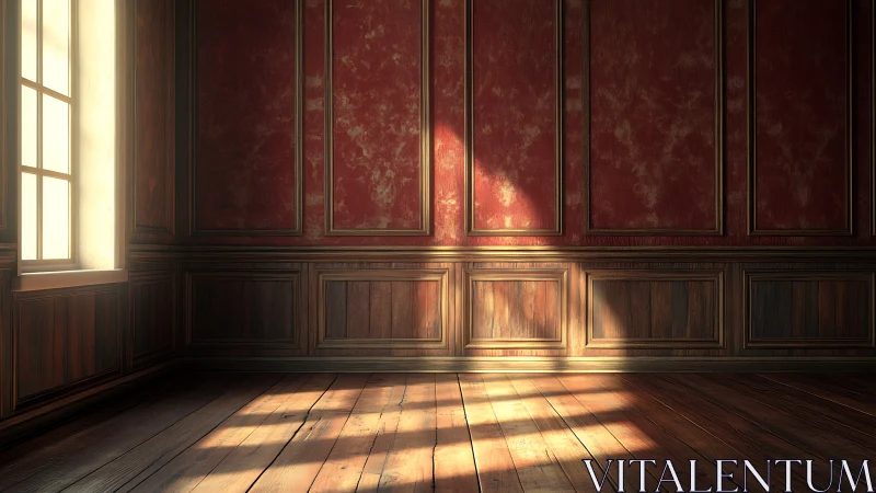 Dusty red wainscoted room catches warm morning light.