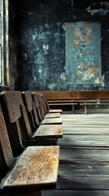 Photorealistic study of abandoned wooden benches in decay.
