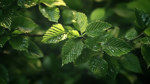 Fresh green leaves with dew in natural sunlight, close-up macro.