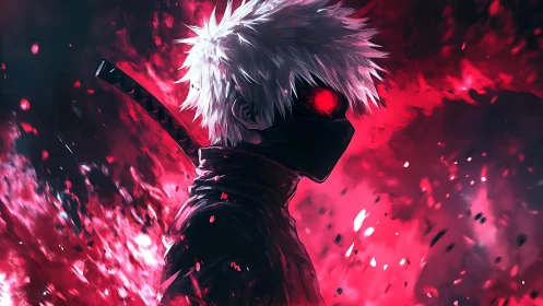 Masked white haired swordsman ignites a blazing crimson aura