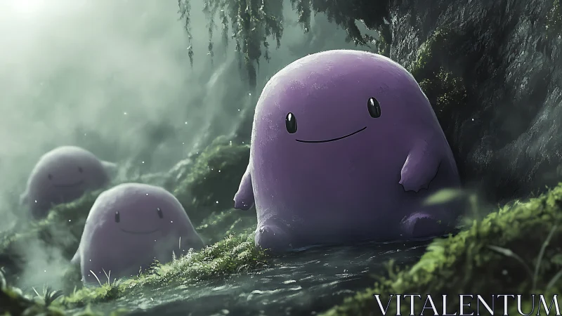 Purple blob creatures in misty forest ravine environment.