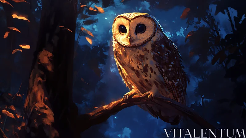 Majestic owl perched on a branch in a glowing moonlit forest, digital art.