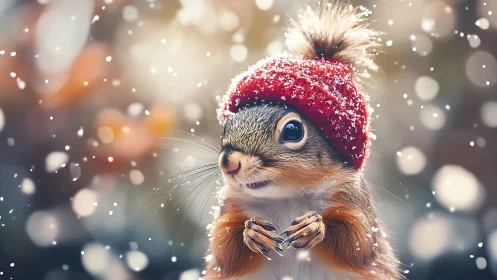 High depth-of-field winter portrait of squirrel in red knit hat