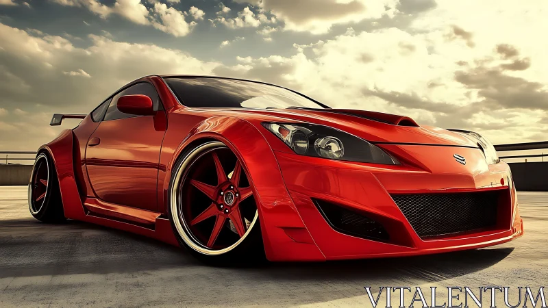 Wide-body red tuner coupe rendered with dramatic low-angle lighting