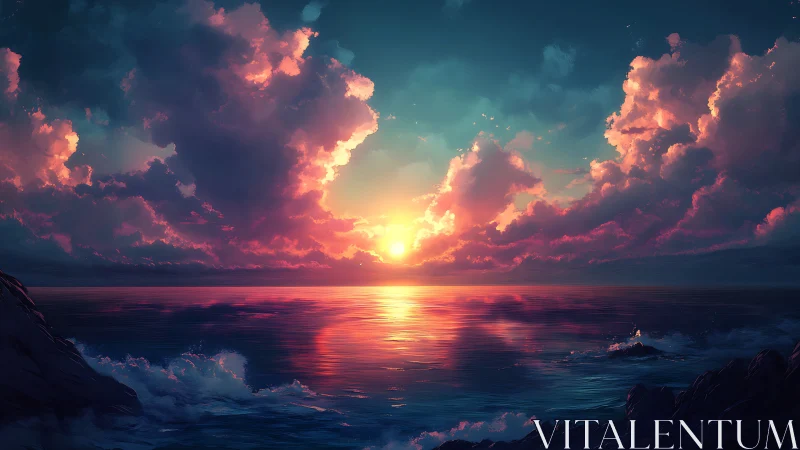 Sunset carves neon fire between dreaming ocean clouds