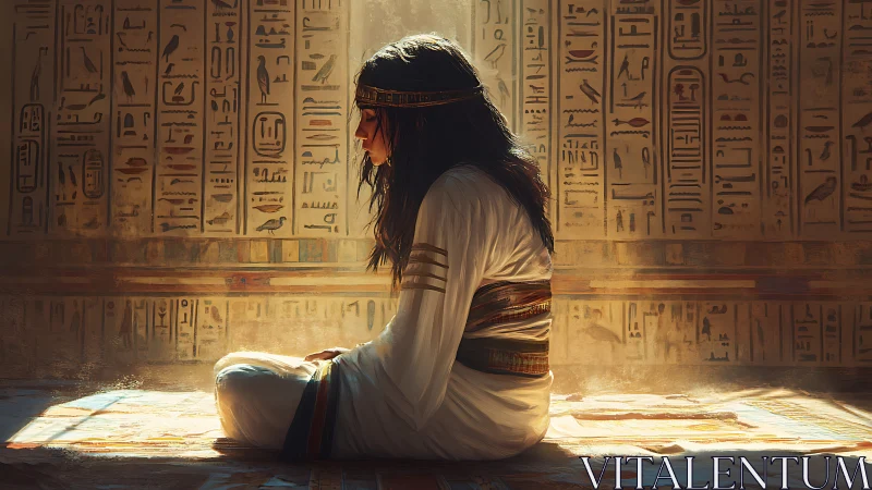 Egyptian woman seated in sunlight against hieroglyph walls.