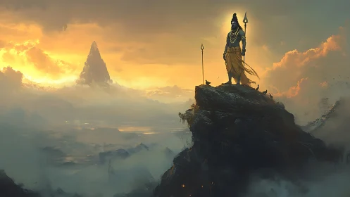 Serene mountain guardian watching over a glowing sunrise.