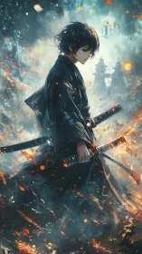 Solitary swordsman stands amid abstract embers and mist