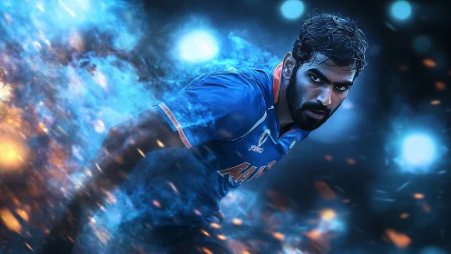 Focused cricket player racing through glowing blue energy.