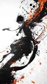 Monochrome figure with orange splatter motion effect.