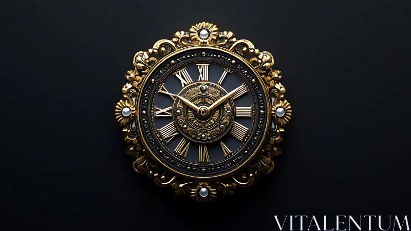 Ornate gold wall clock glows against a deep black backdrop