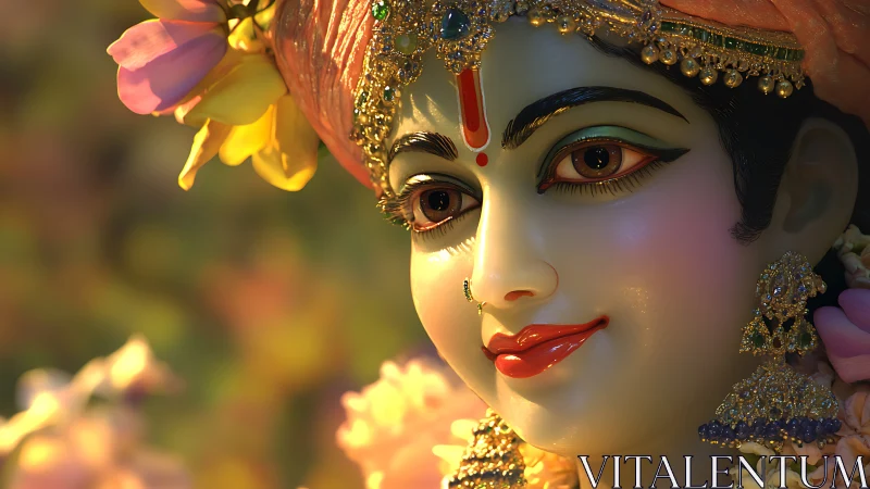 Sacred deity portrait glows in warm golden temple light