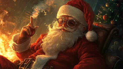 Thermal-lit Santa portrait with reflective spectacles and embers.