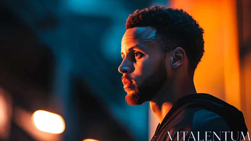 Man in profile under neon blue and orange city lights