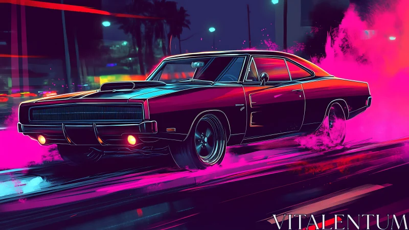 Neon city muscle car cruising through a bold pink night.