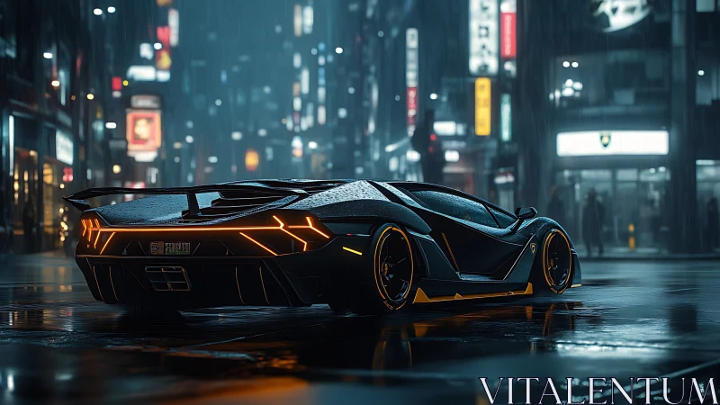 Low-angle rear view shows supercar on wet urban street