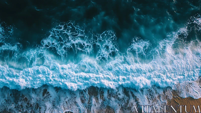 Breaking turquoise waves surge over a sunlit sandy shore.