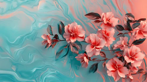Fluid abstraction merges with blooming florals in cyan and coral palette