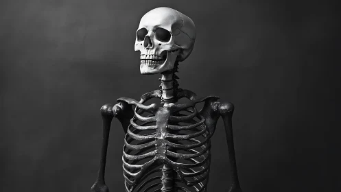 Monochrome anatomical skeleton model against seamless dark backdrop