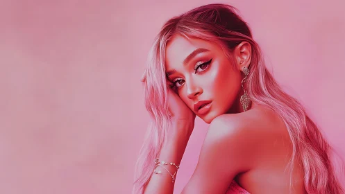 Hyper-stylized pink portrait renders glamour with glossy skin