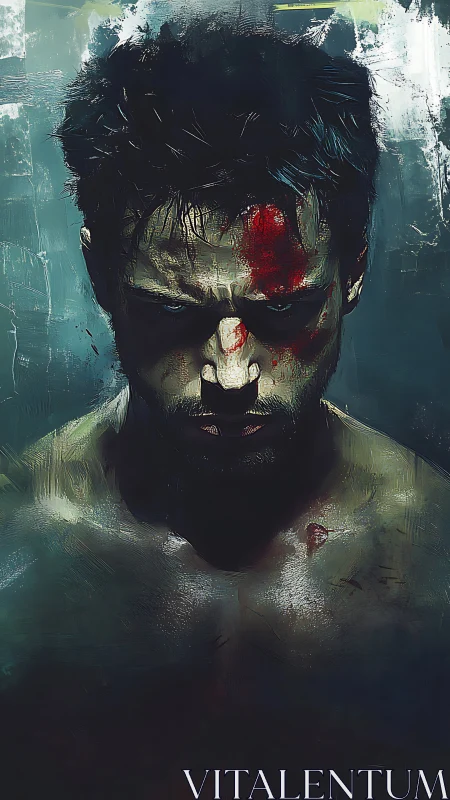 Bloodied male fighter in low key portrait with textured brushwork