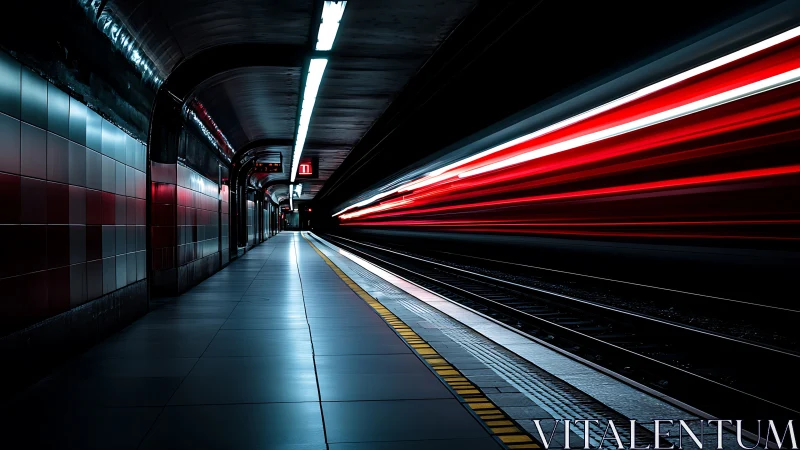 Long exposure train streaks in moody urban subway tunnel.