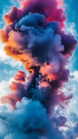 Iridescent smoke plume with cyan, magenta, and amber gradients.