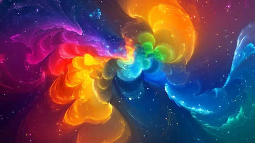 Radiant cosmic nebula swirls through a vivid rainbow vortex