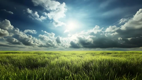 Sunlit prairie whispering beneath rolling stormbright clouds.
