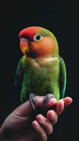 Colorful lovebird rests on human hand against dark backdrop
