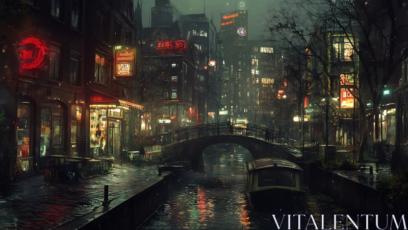 Neon lit rainy canal street with bridge and moored boat.