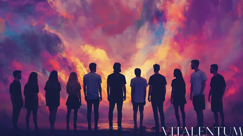 Silhouetted dreamers stand shoulder to shoulder in painted skyfire