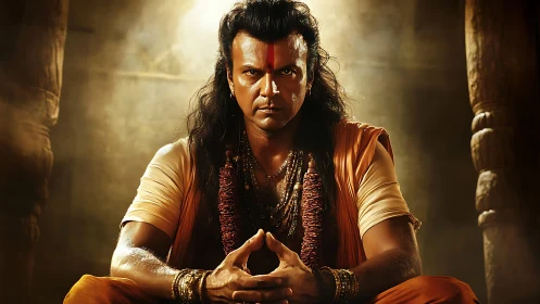 Intense ascetic warrior seated in warm cinematic sidelighting