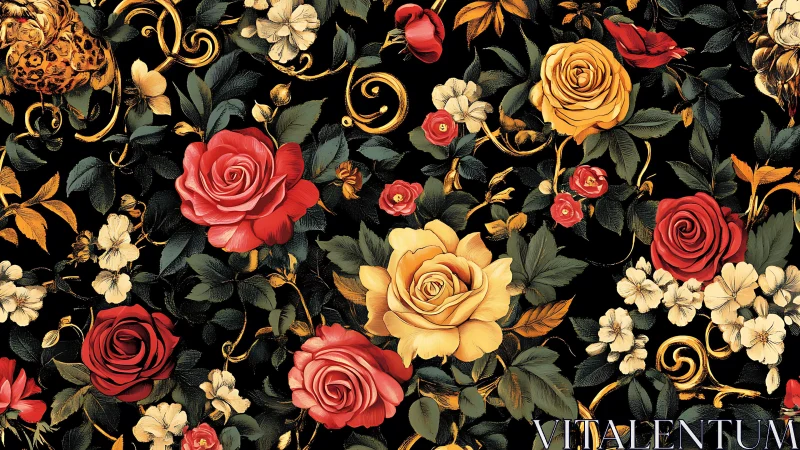 Opulent Garden Dance: Red Roses, Gold Blooms and Spiraling Ornament