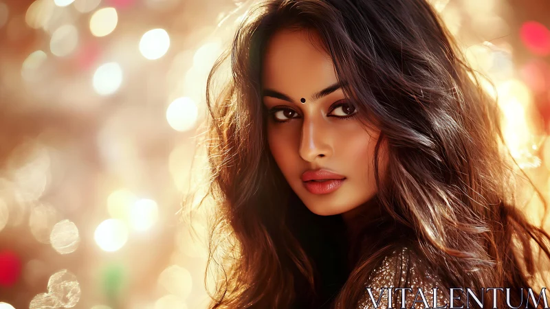 Luminous portrait of woman with bokeh-lit golden backdrop.