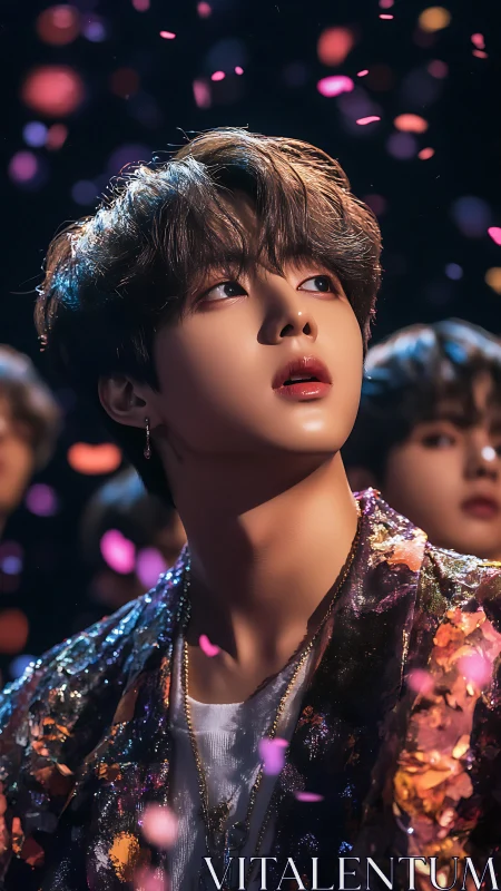 Digital portrait of young person under floating confetti.