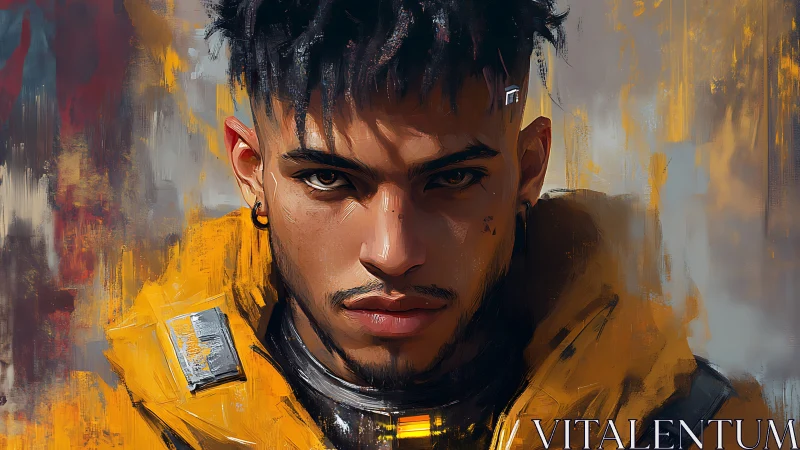Digital portrait of young man in yellow jacket, frontal view.