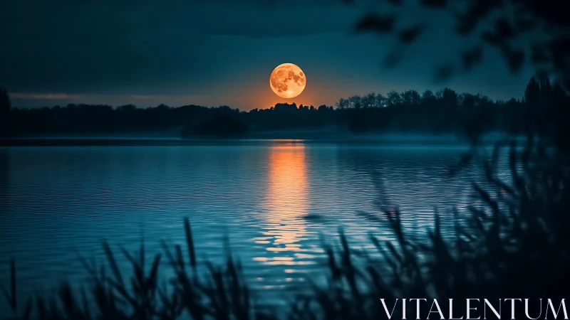 Full moon rises over calm lake with bright reflected light