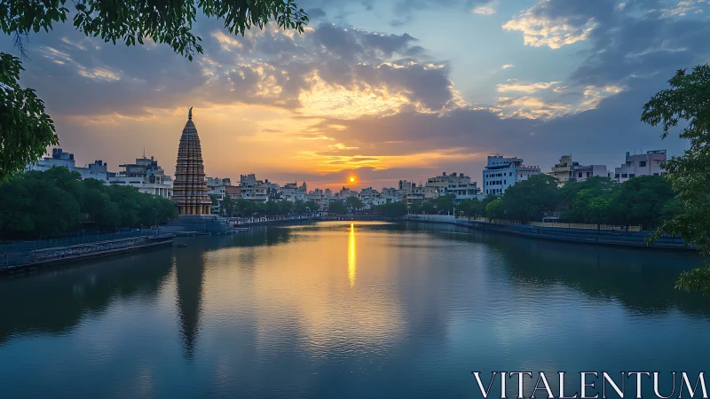 Temple spire cradles sunset above tranquil urban river mirror.