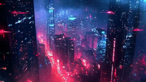 Cyberpunk megacity skyline in neon red and cyan haze.
