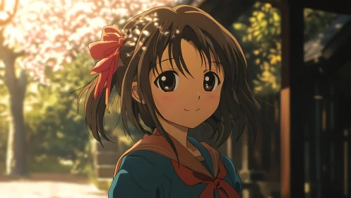 Smiling schoolgirl beneath glowing spring cherry blossoms.