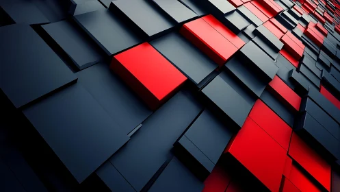 Abstract geometric wall with red and black 3D blocks, modern style.