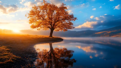 Golden lakeside tree glows at sunrise over still water